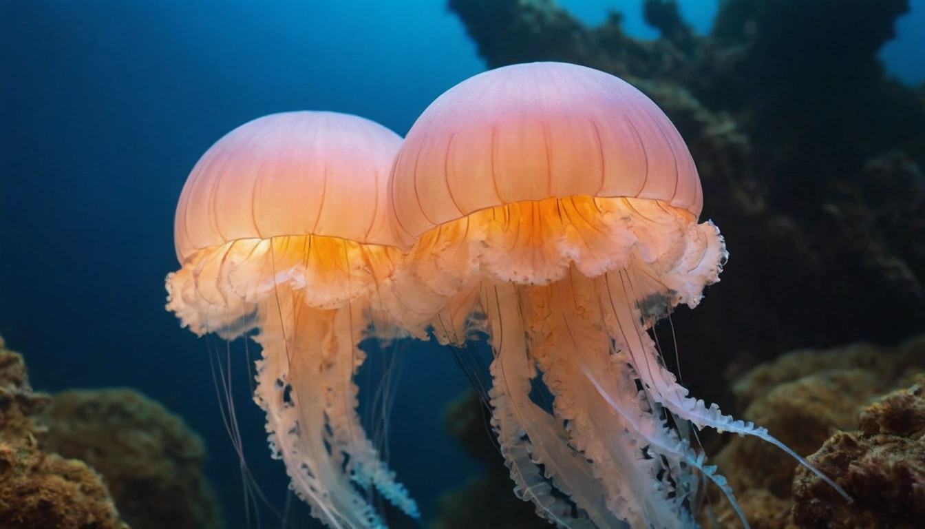 Medusas flotando en el fondo del mar, una presa común para las tortugas marinas Medusas flotando en el fondo del mar, una presa común para las tortugas marinas.