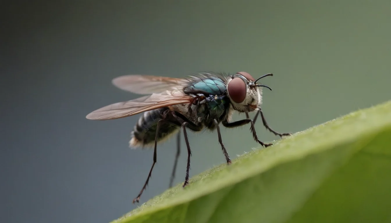 Mosca en una hoja, una de las presas de la rana de dardo venenoso Mosca en una hoja, una de las presas de la rana de dardo venenoso.