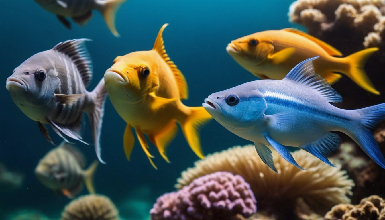 Peces de agua salada nadando en un arrecife de coral en el océano, con un fondo marino vibrante lleno de corales y algas.