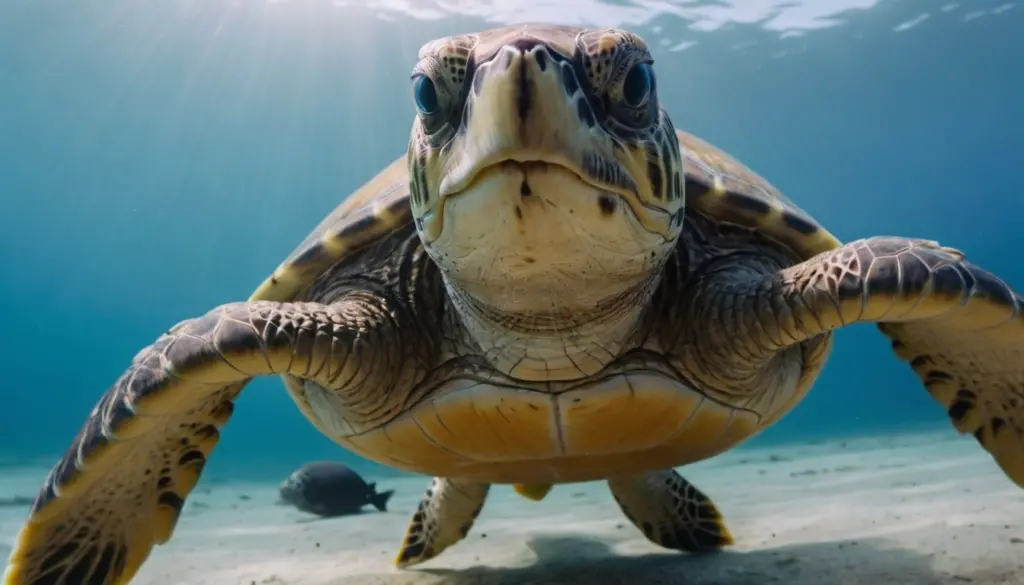 Primer plano de una tortuga marina explorando el fondo del mar en su hábitat natural Primer plano de una tortuga marina explorando el fondo del mar en su hábitat natural.
