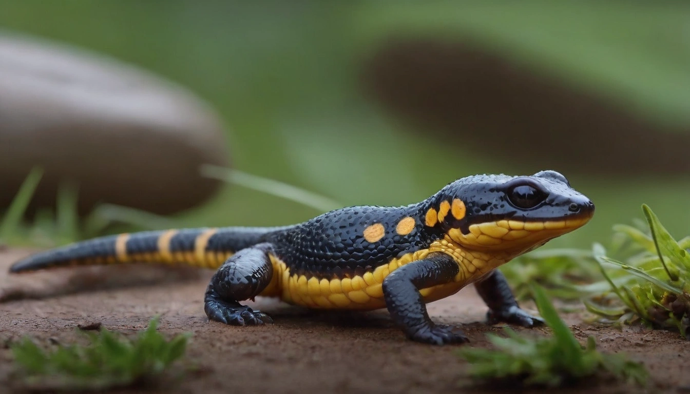 Salamandra común (Salamandra salamandra) en un bosque europeo, destacando sus colores de advertencia.