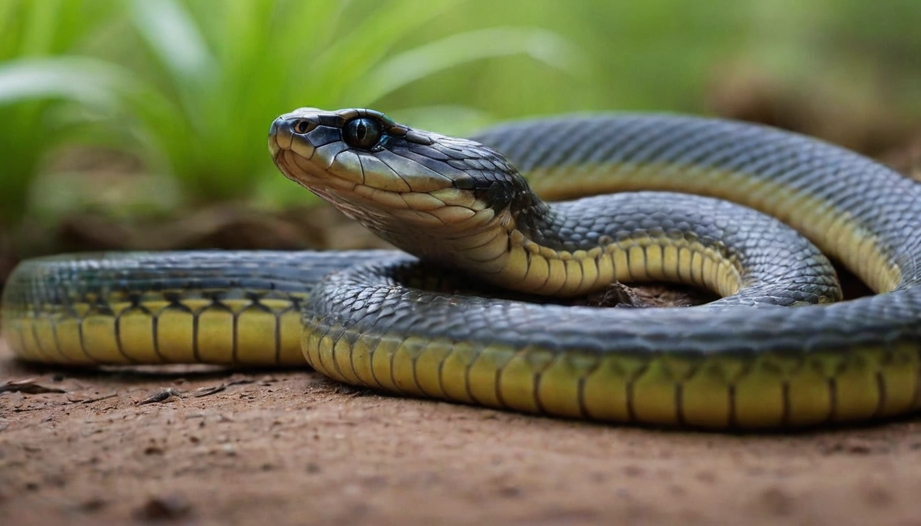 Serpiente Liophis epinephelus en su hábitat natural, un depredador ocasional de las ranas de dardo venenoso Serpiente Liophis epinephelus en su hábitat natural, un depredador ocasional de las ranas de dardo venenoso.