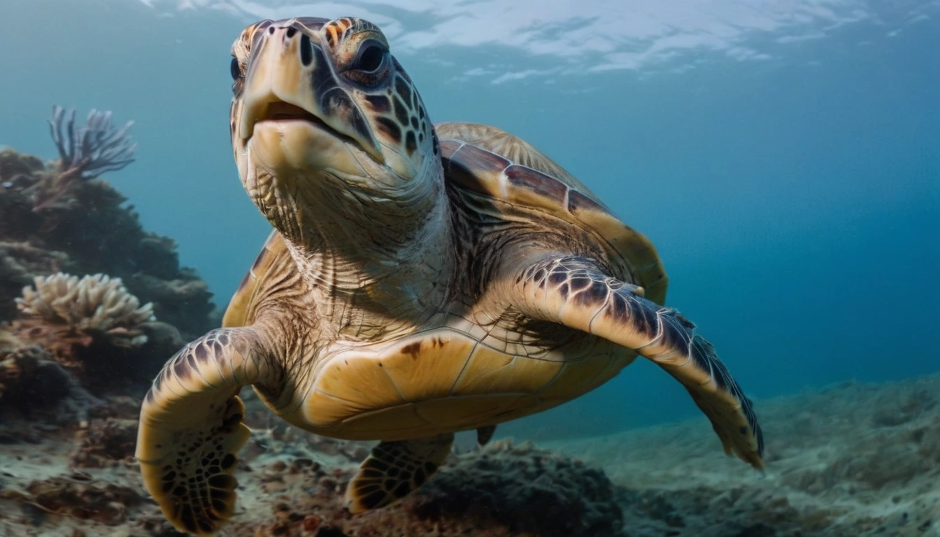 Tortuga marina explorando el océano mientras busca su próxima comida Tortuga marina explorando el océano mientras busca su próxima comida.