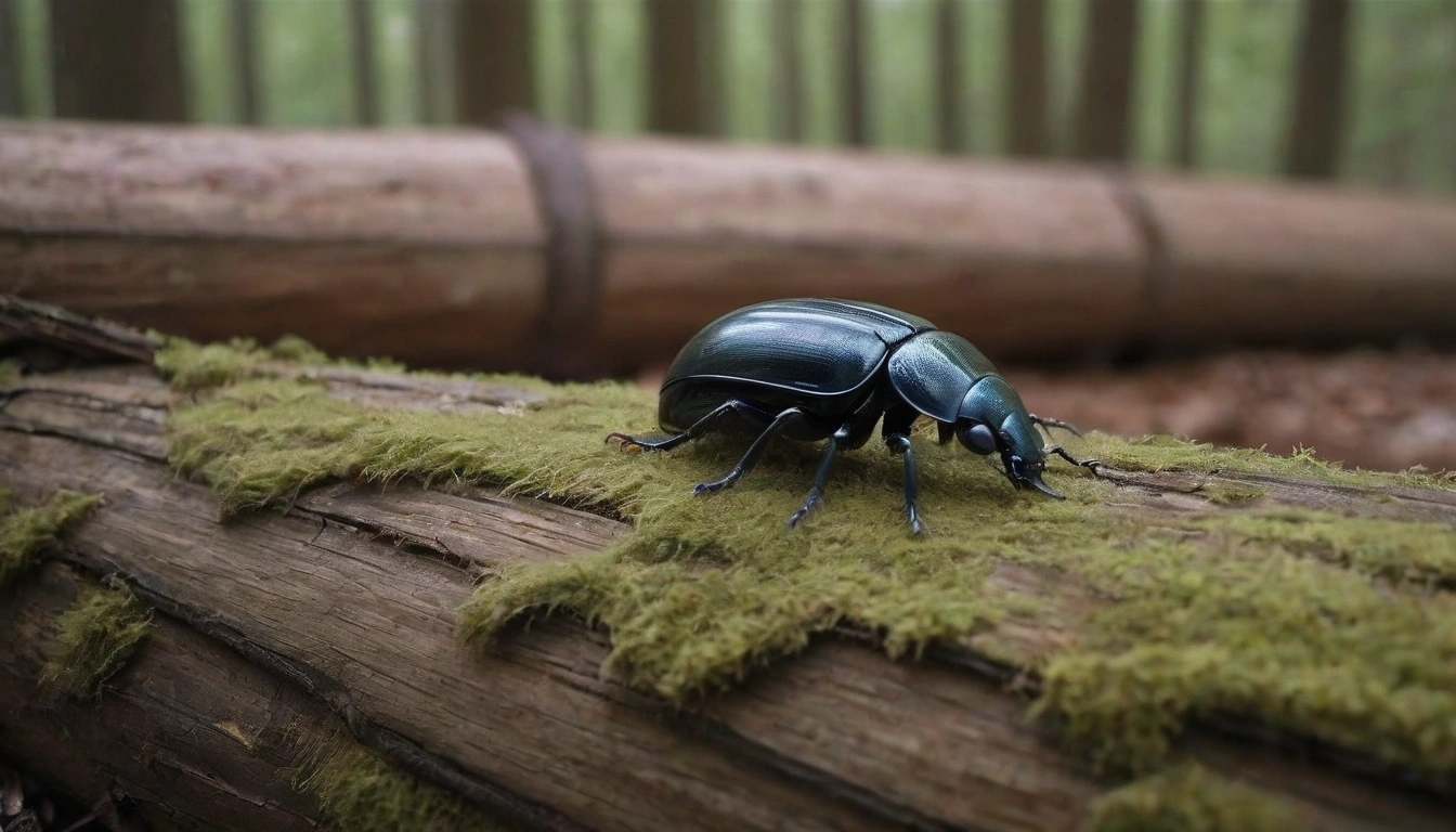 Un escarabajo sobre un tronco en el bosque, destacando su papel como fuente de alimento para las lechuzas durante el verano Un escarabajo sobre un tronco en el bosque, destacando su papel como fuente de alimento para las lechuzas durante el verano.