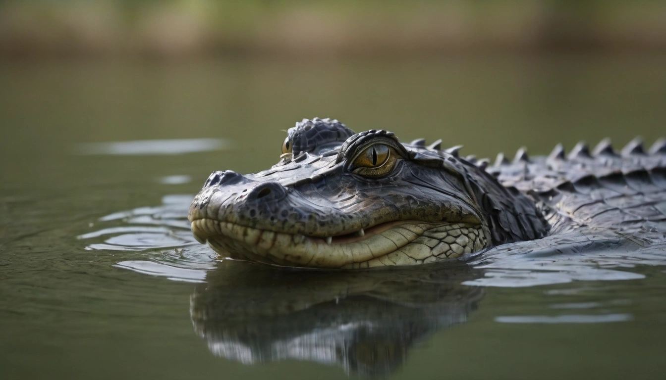 Cocodrilo escondido en un lago; un potencial cazador de flamencos que se acercan a su territorio Cocodrilo escondido en un lago; un potencial cazador de flamencos que se acercan a su territorio.