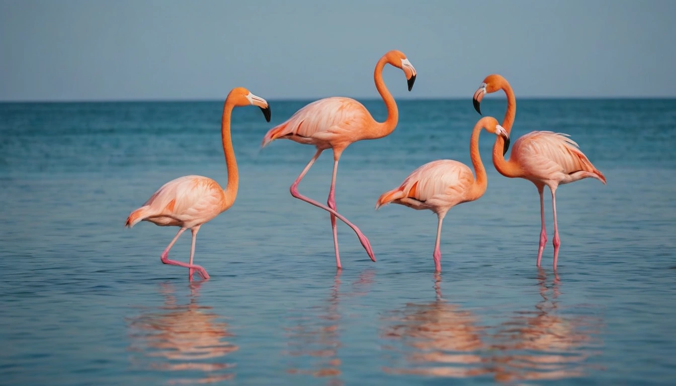 Grupo de flamencos reunidos sobre un charco de agua en su hábitat natural.